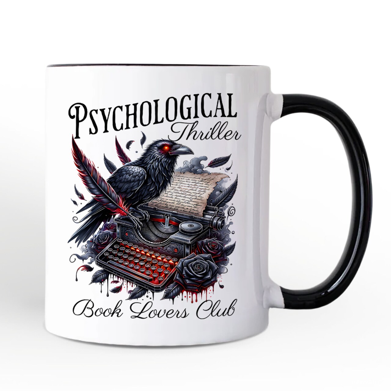 Psychological Thriller Book Lovers Club Mug, Gothic Raven Typewriter Bookish Gift